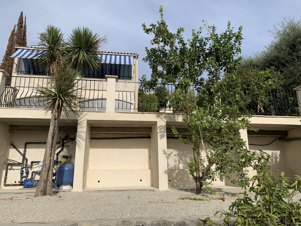 View of the completed pool terrace and garden below.
